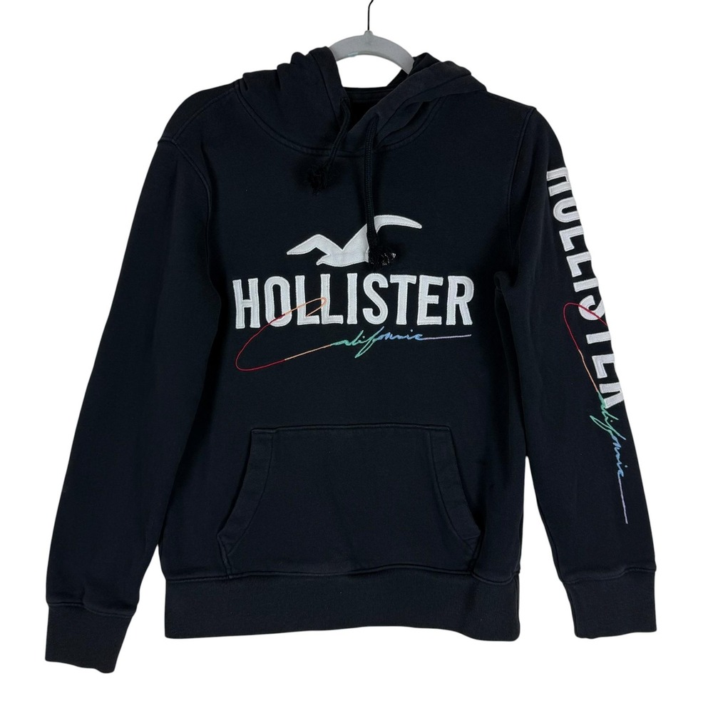 Hollister Hoodie Mens XS Black Pullover Fleece California Logo Graphic Sleeve